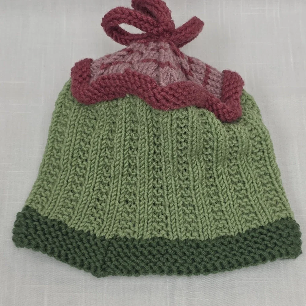 Baby Toddler Knit Hat Knotted Top Stretchy Beanie Green Pink Handmade Infant Cap